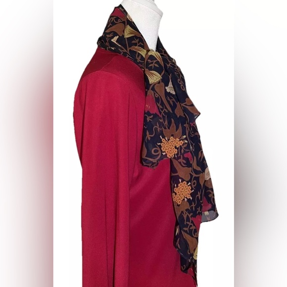 100% Silk Scarf Rectangle Sheer Made in Korea Black Brown Red Yellow Floral - Picture 10 of 12